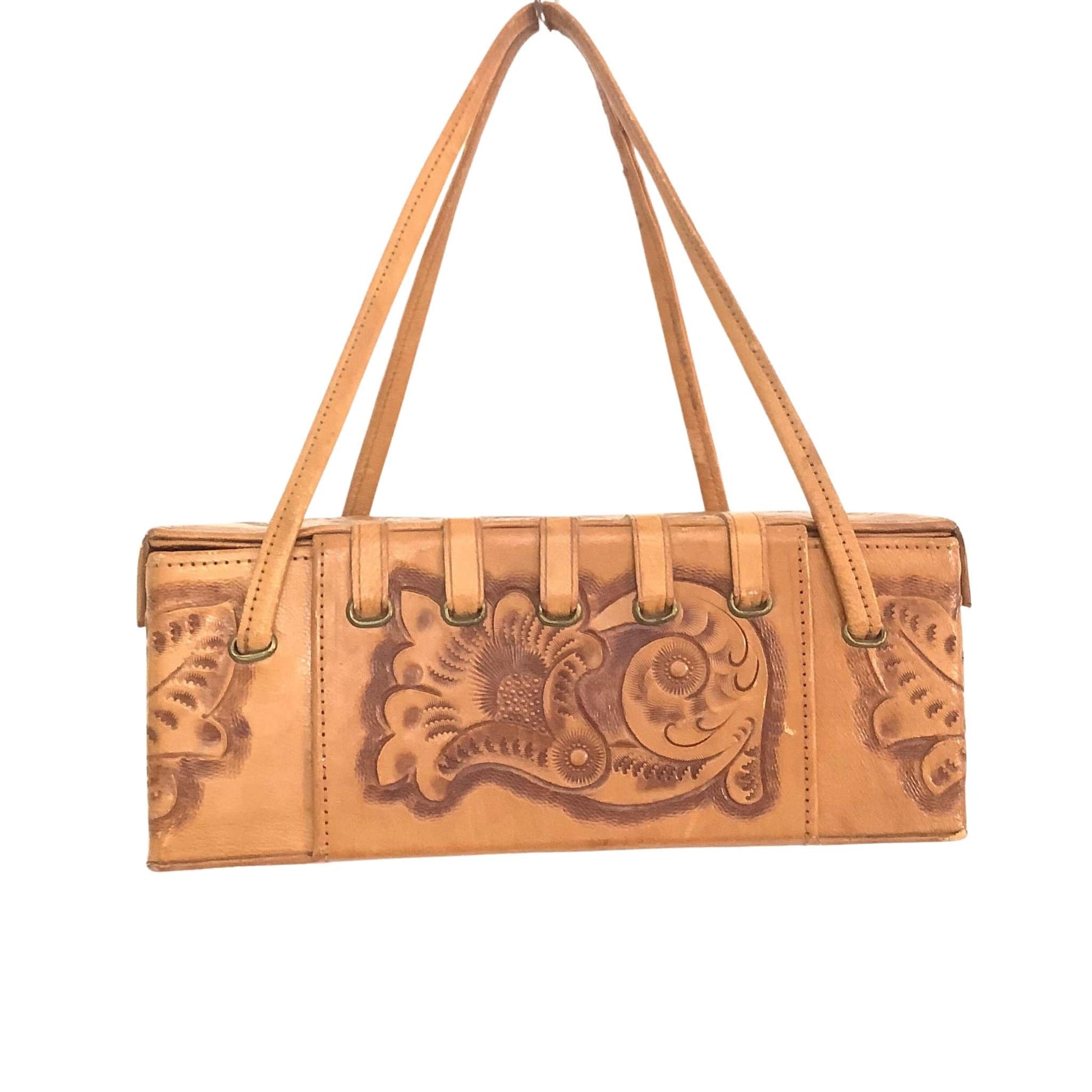 Beige Tooled Leather Purse Handbag Vintage 70s Flores Bags Mexico Hand  Tooled Floral Design Divided Interior Zip Top Large Size