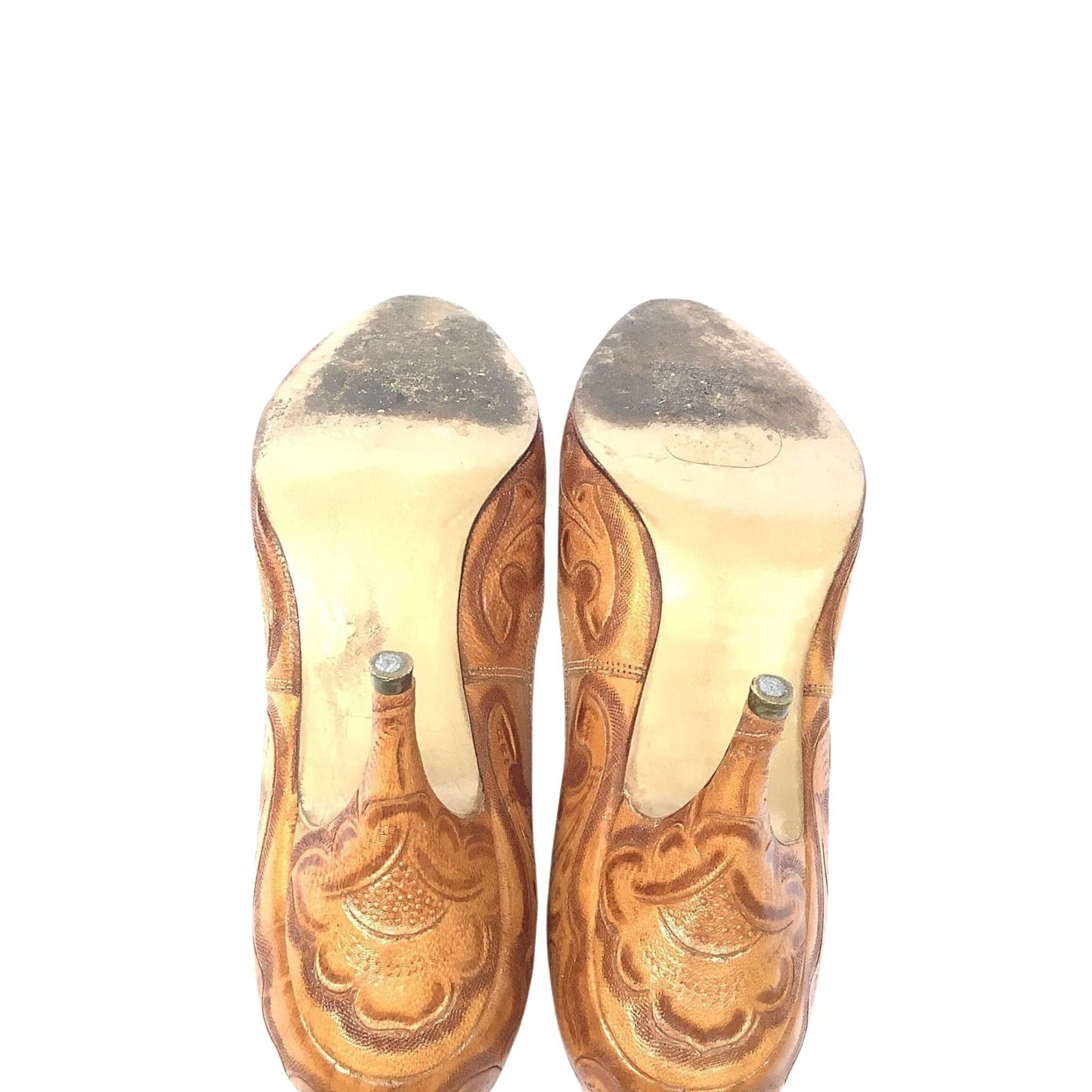 1930s Tooled Leather Heels 6 / Tan / Vintage 1930s