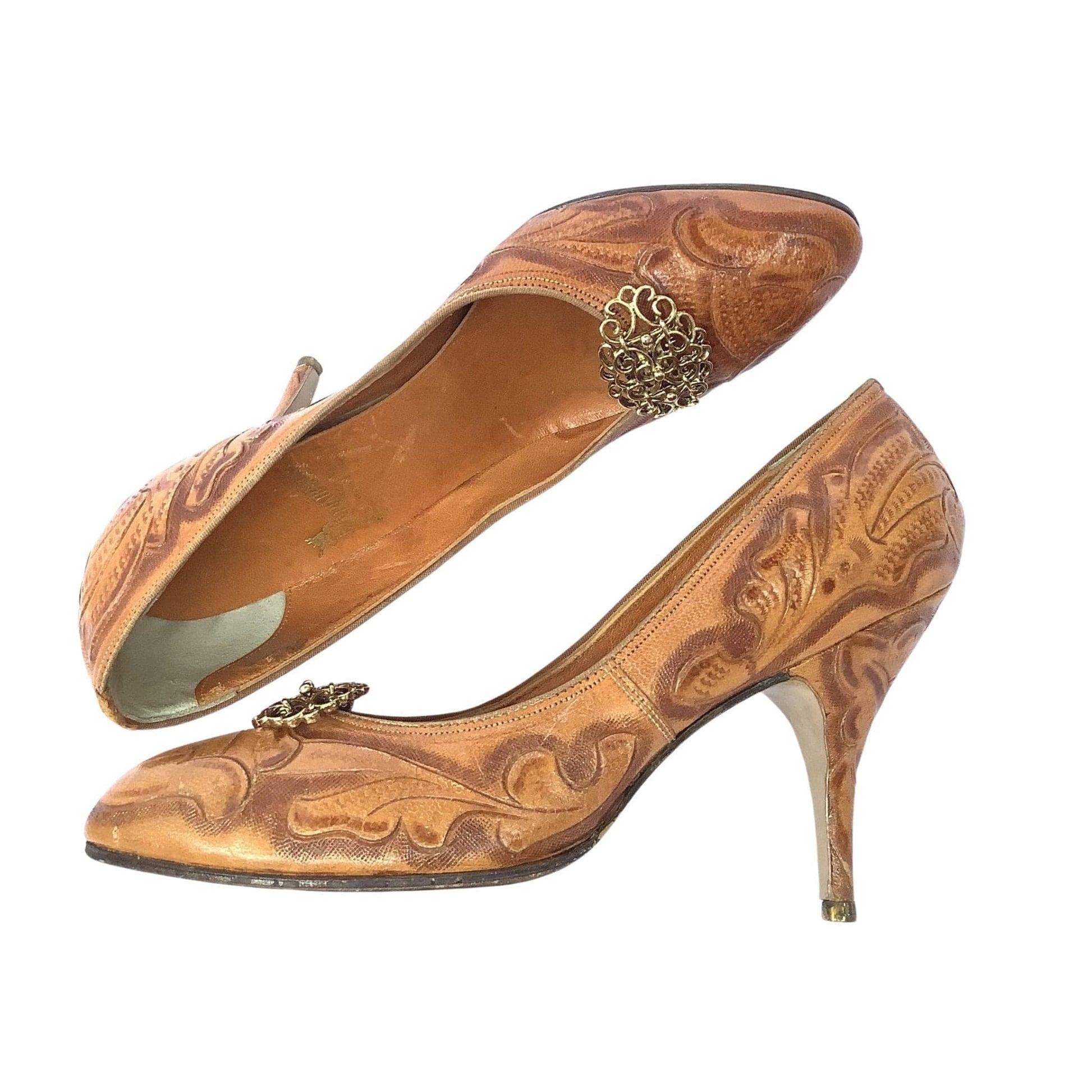 1930s Tooled Leather Heels 6 / Tan / Vintage 1930s