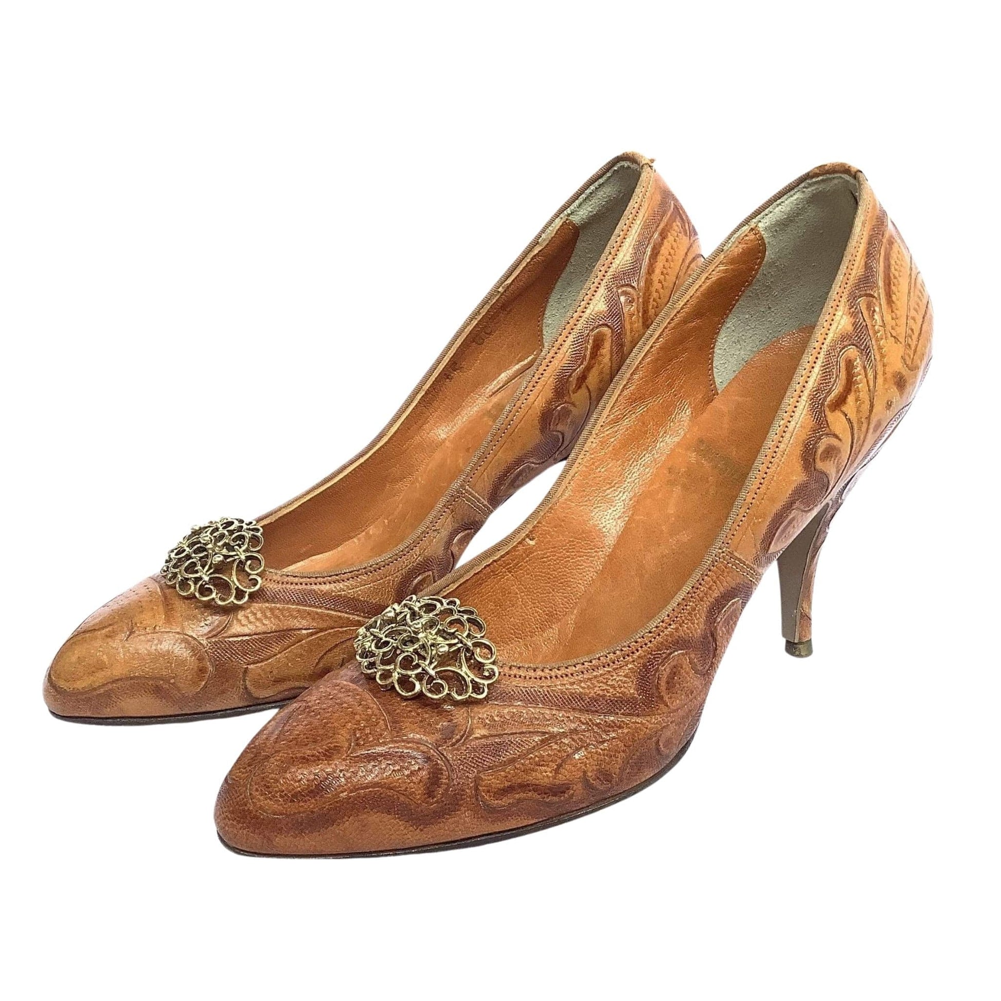 1930s Tooled Leather Heels 6 / Tan / Vintage 1930s