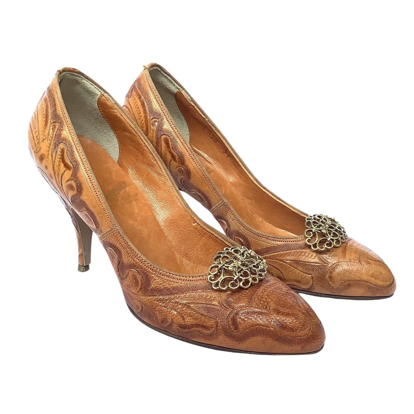 1930s Tooled Leather Heels 6 / Tan / Vintage 1930s