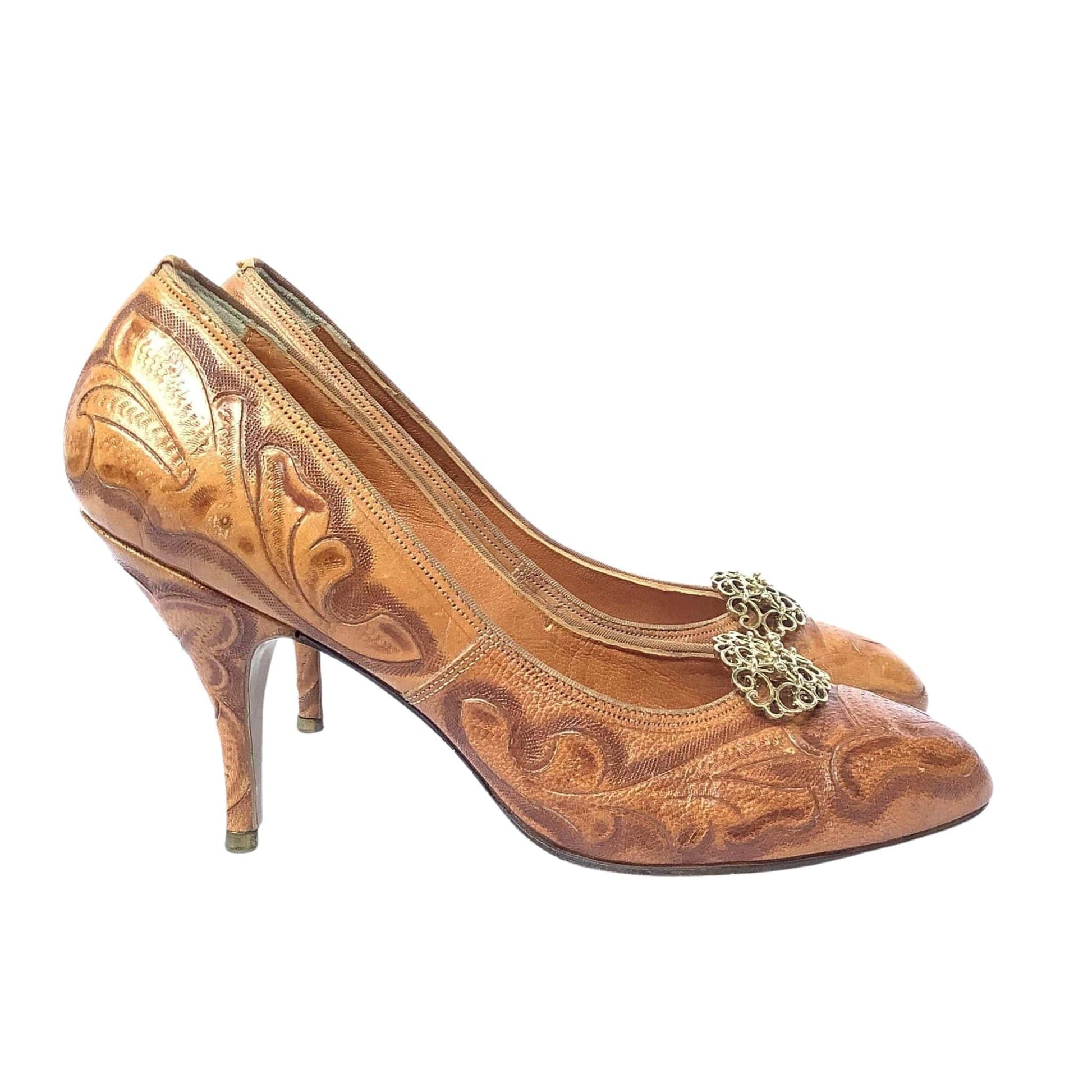 1930s Tooled Leather Heels 6 / Tan / Vintage 1930s