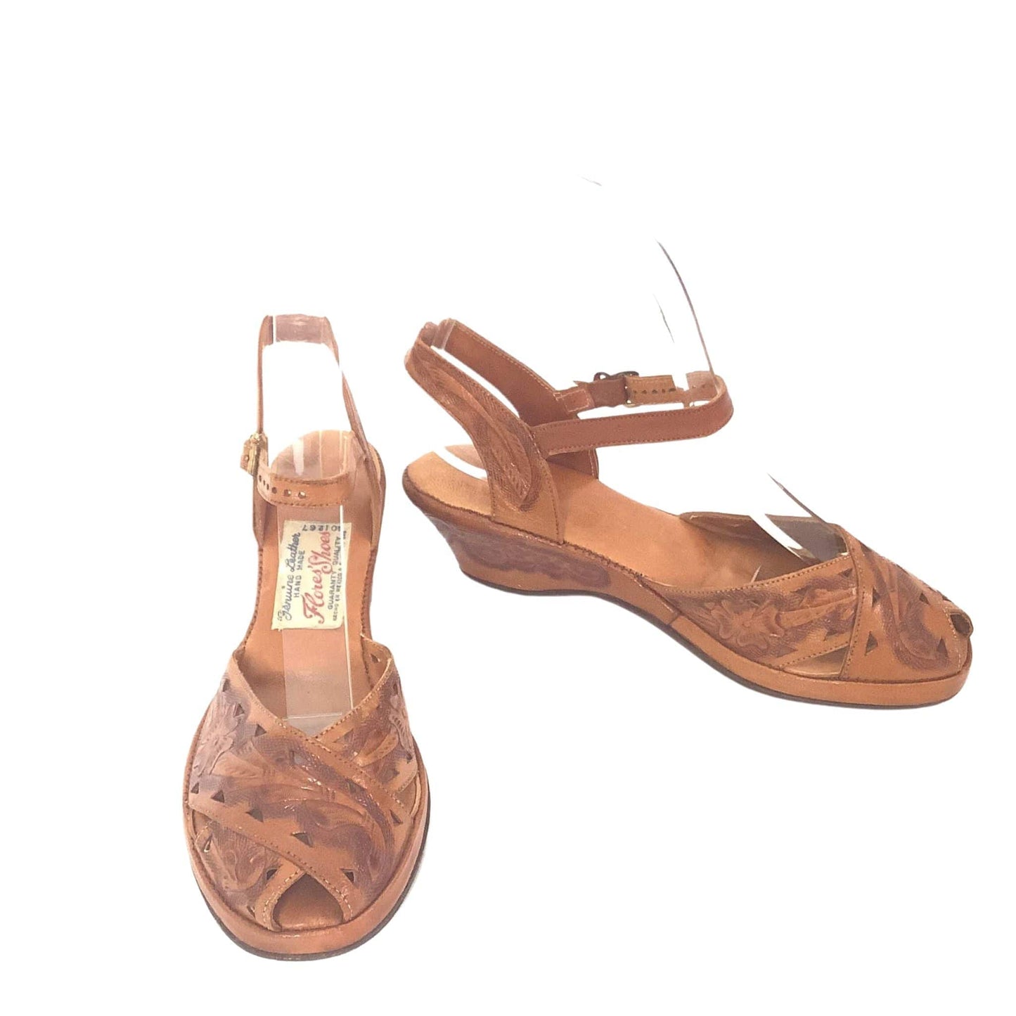 1930s Tooled Leather Sandals 6.5 / Tan / Vintage 1930s