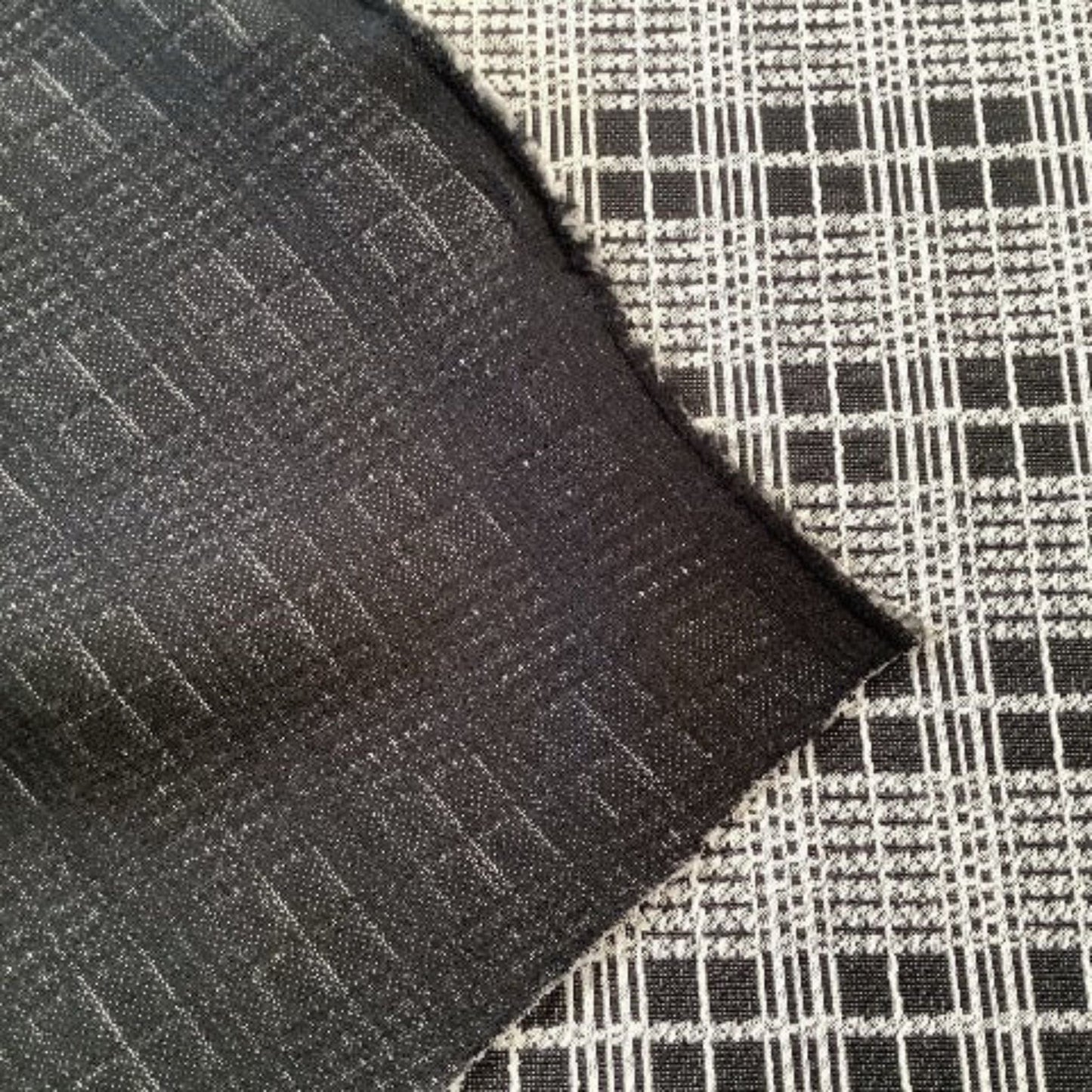 1970s Plaid Fabric Yardage B&W / Polyester / Vintage 1970s