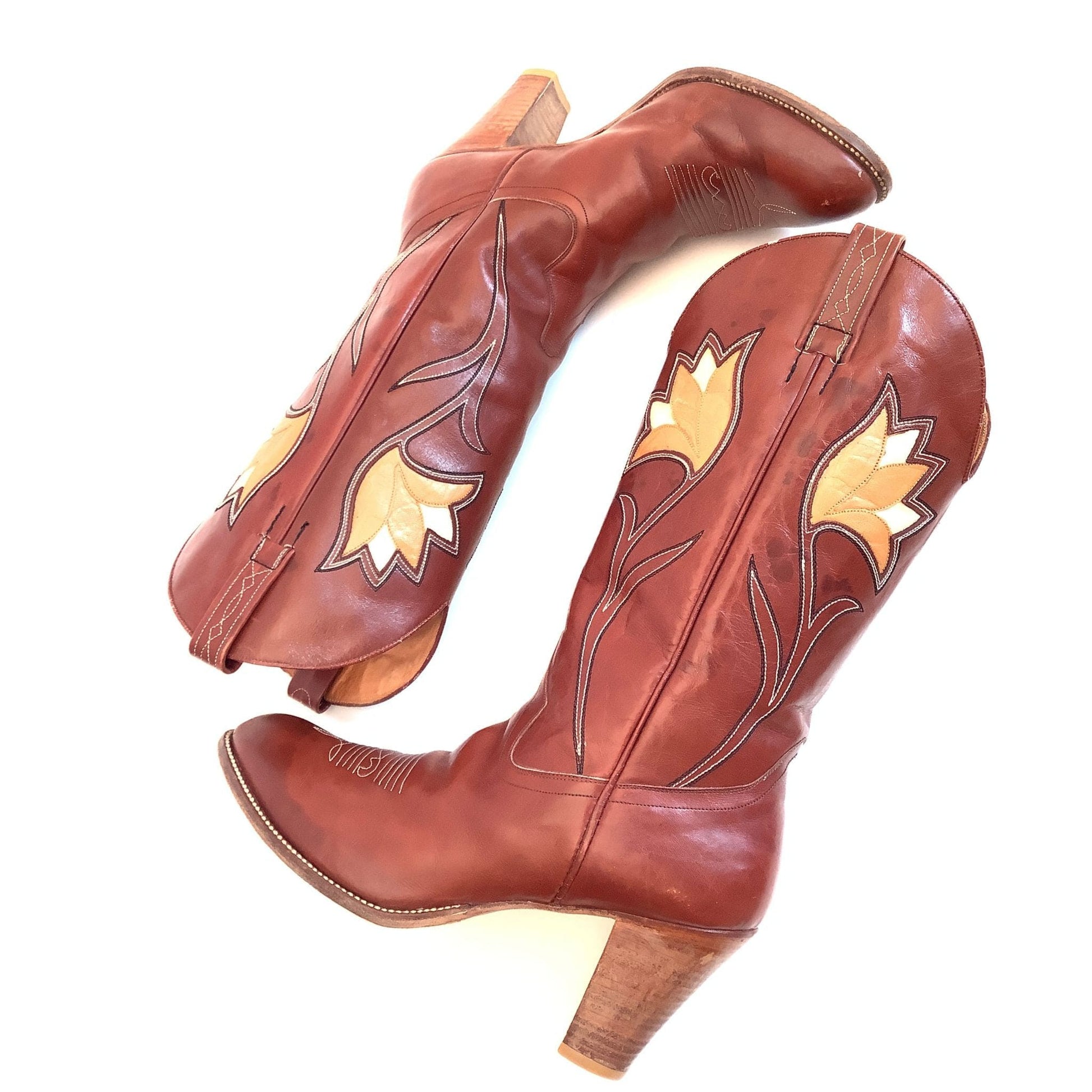 1970s Tulip Cowboy Boots 8.5 / Brown / Vintage 1970s