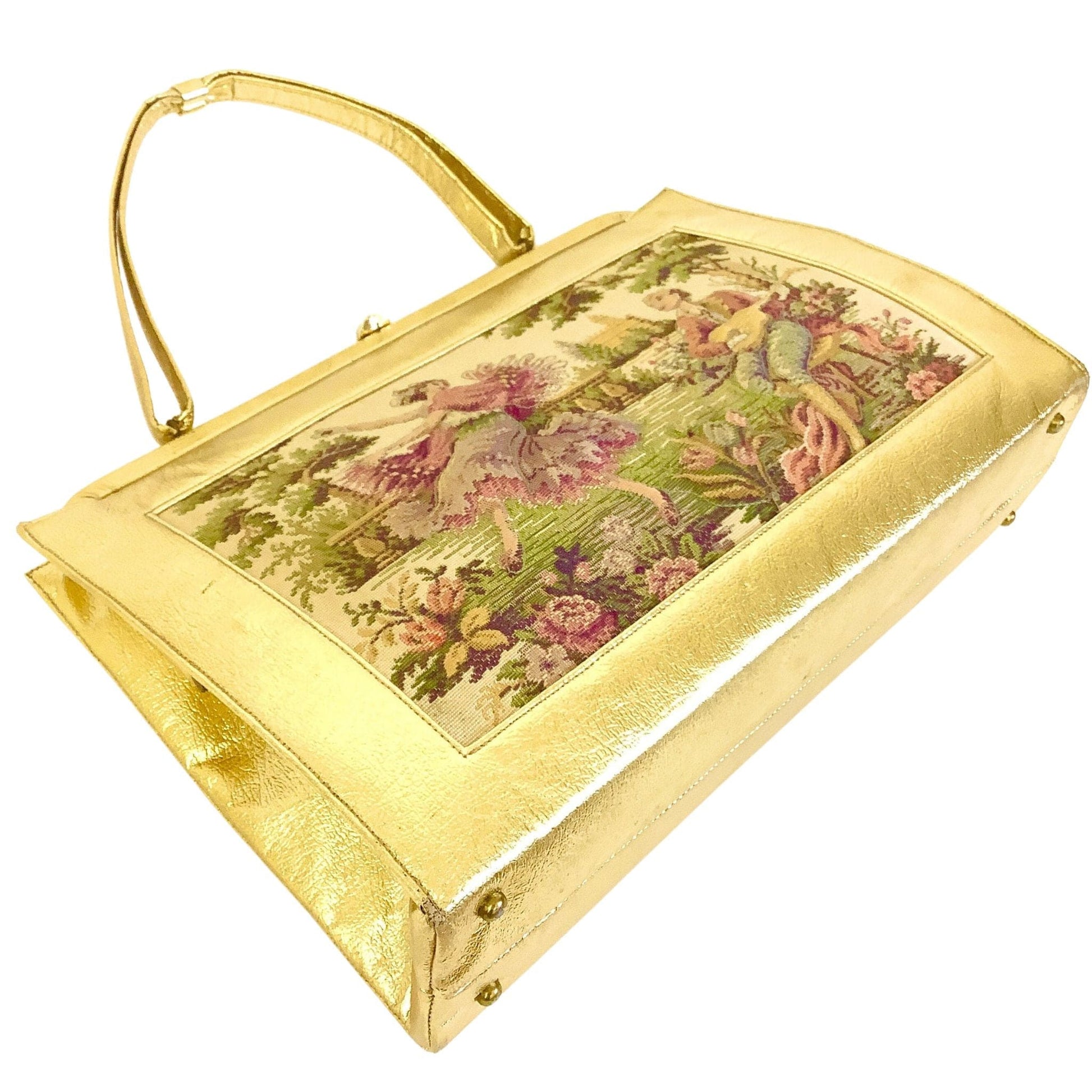 1980s Vintage Tapestry Bag Gold / Leather / Vintage 1980s