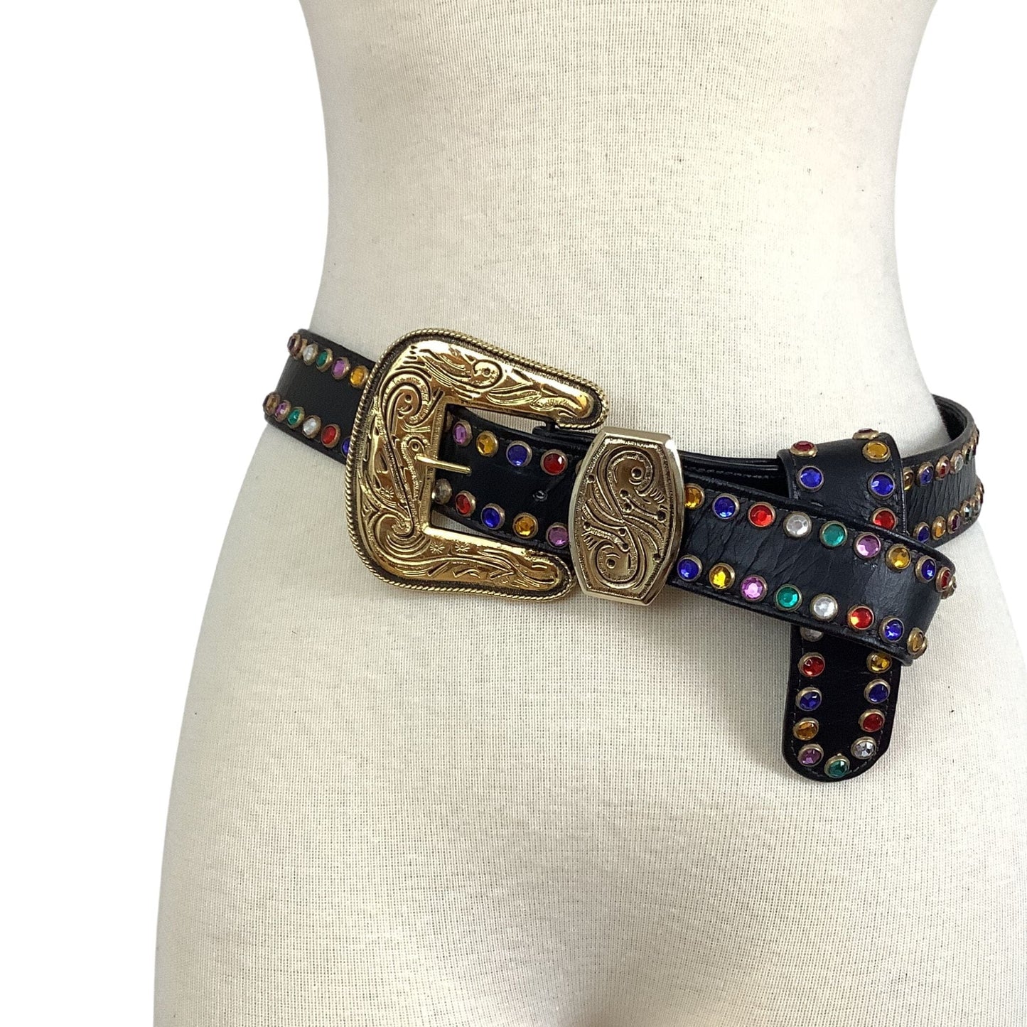 1980s Western Bling Belt Black / Leather / Vintage 1980s