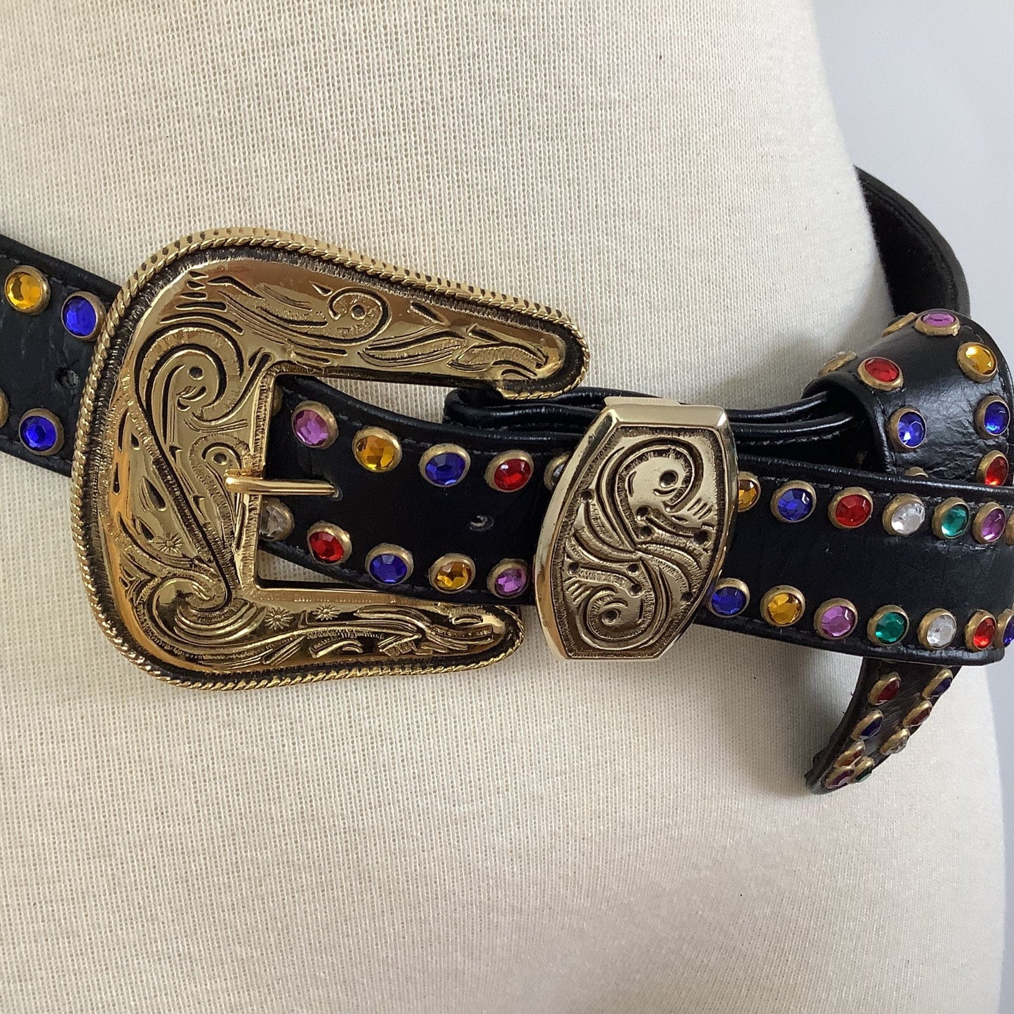 1980s Western Bling Belt Black / Leather / Vintage 1980s