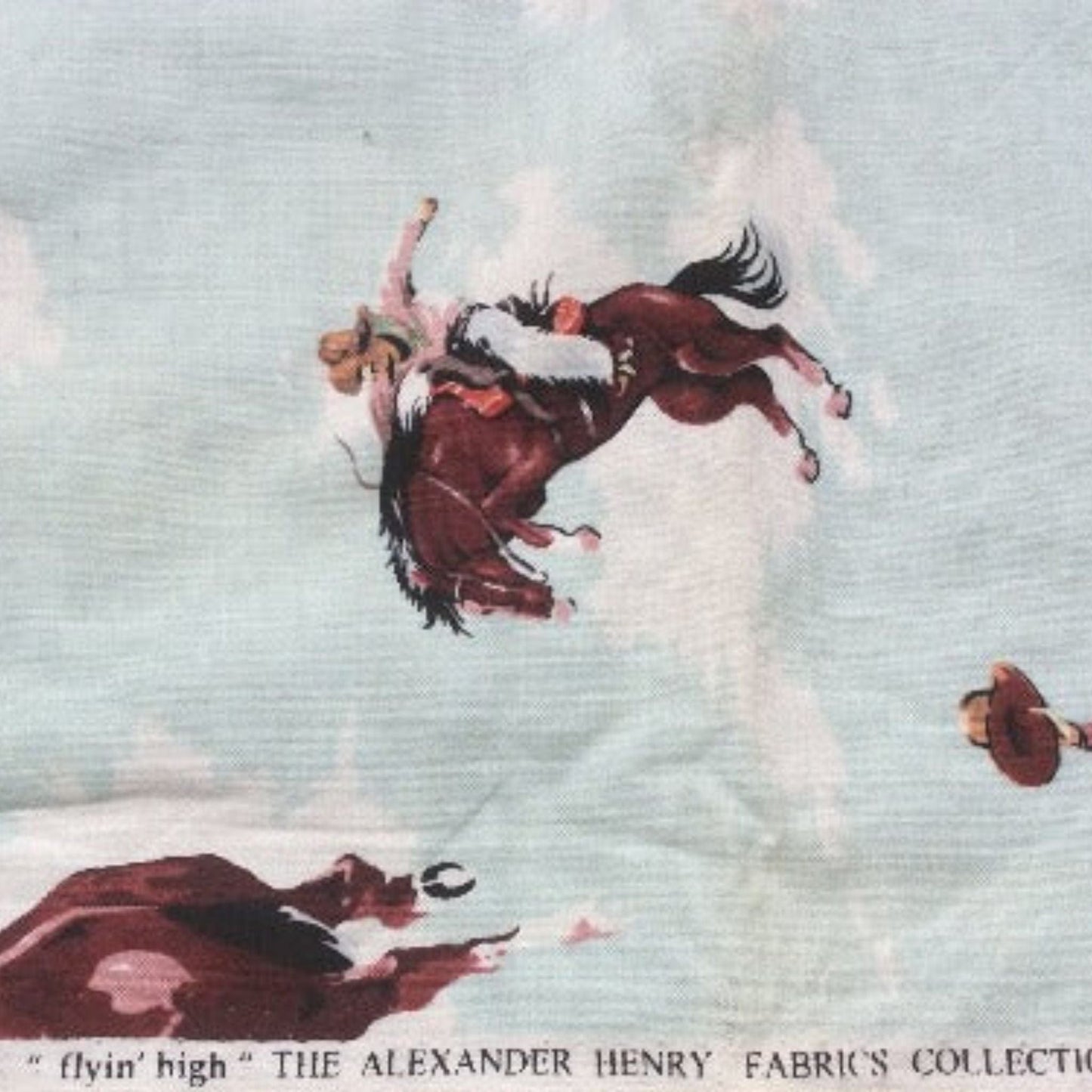 Bucking Bronco Themed Fabric Multi / Cotton / Vintage 1950s