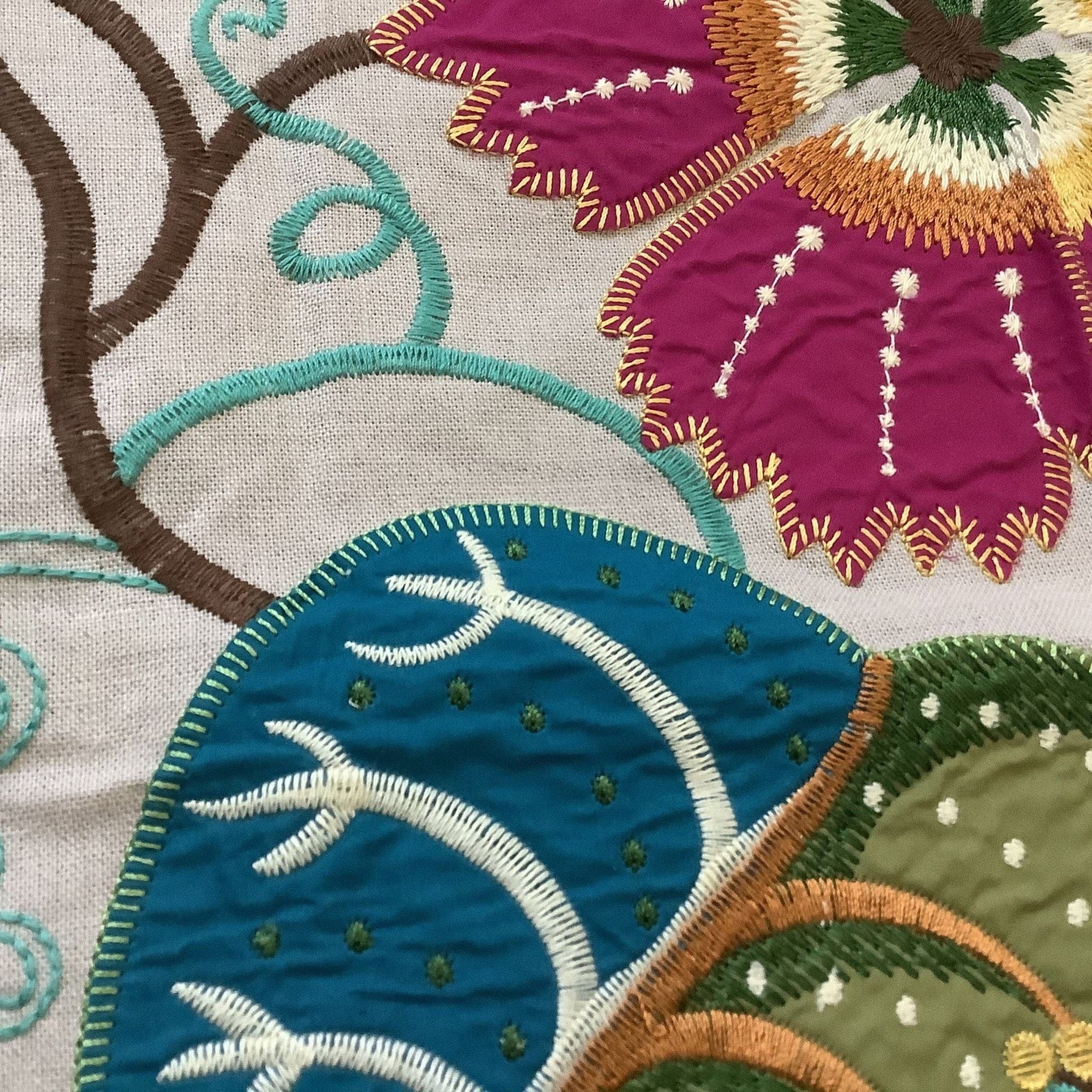 Embroidered Fabric Sample Multi / Linen Blend / Vintage 1990s