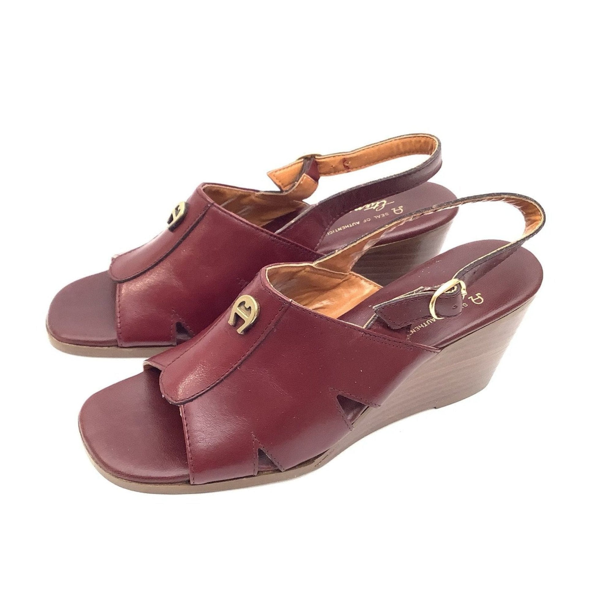 Etienne Aigner Wedge Sandals 6.5 / Burgundy / Vintage 1970s