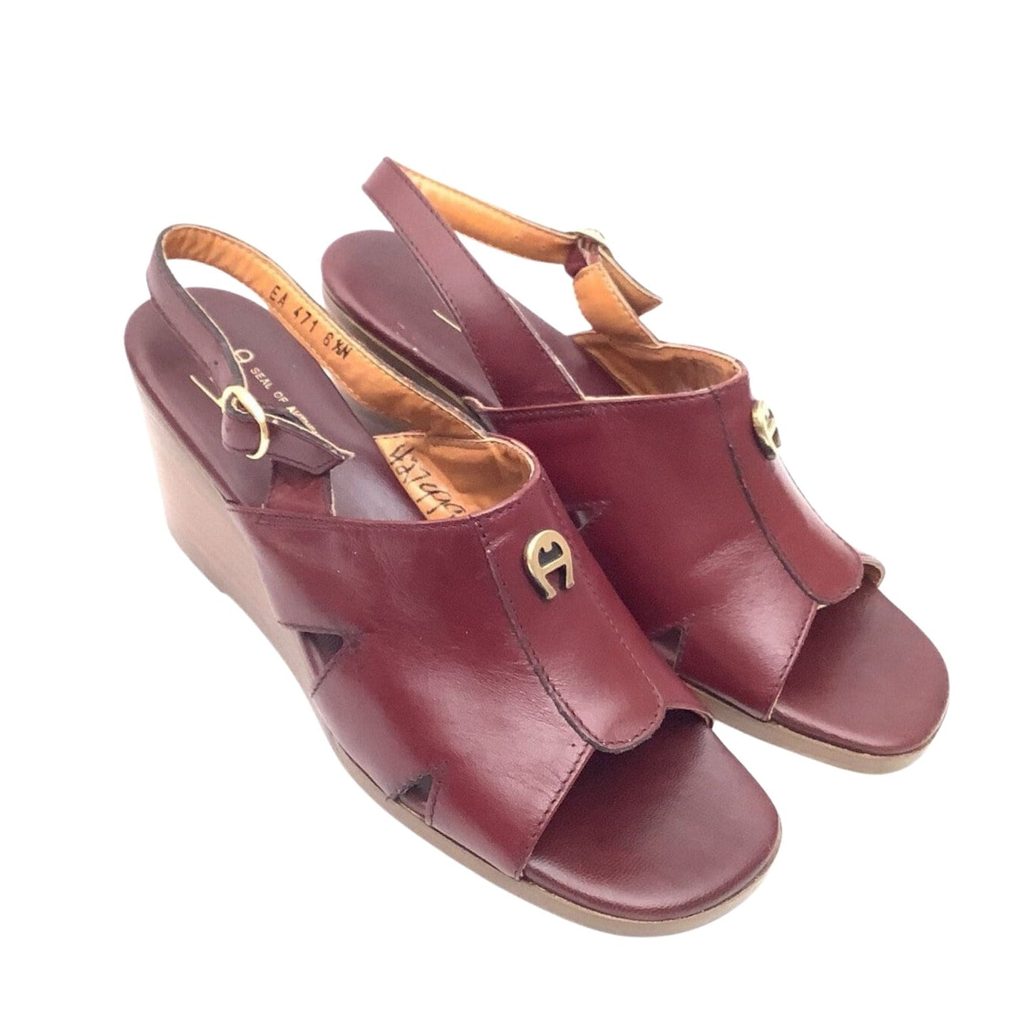 Etienne Aigner Wedge Sandals 6.5 / Burgundy / Vintage 1970s