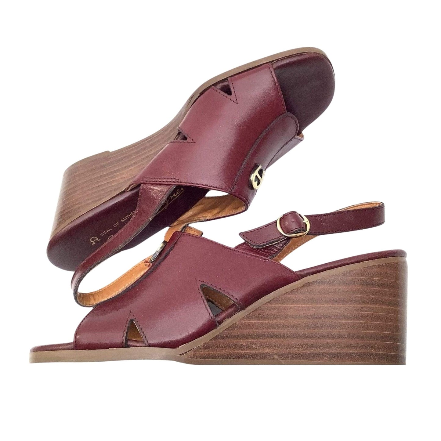 Etienne Aigner Wedge Sandals 6.5 / Burgundy / Vintage 1970s