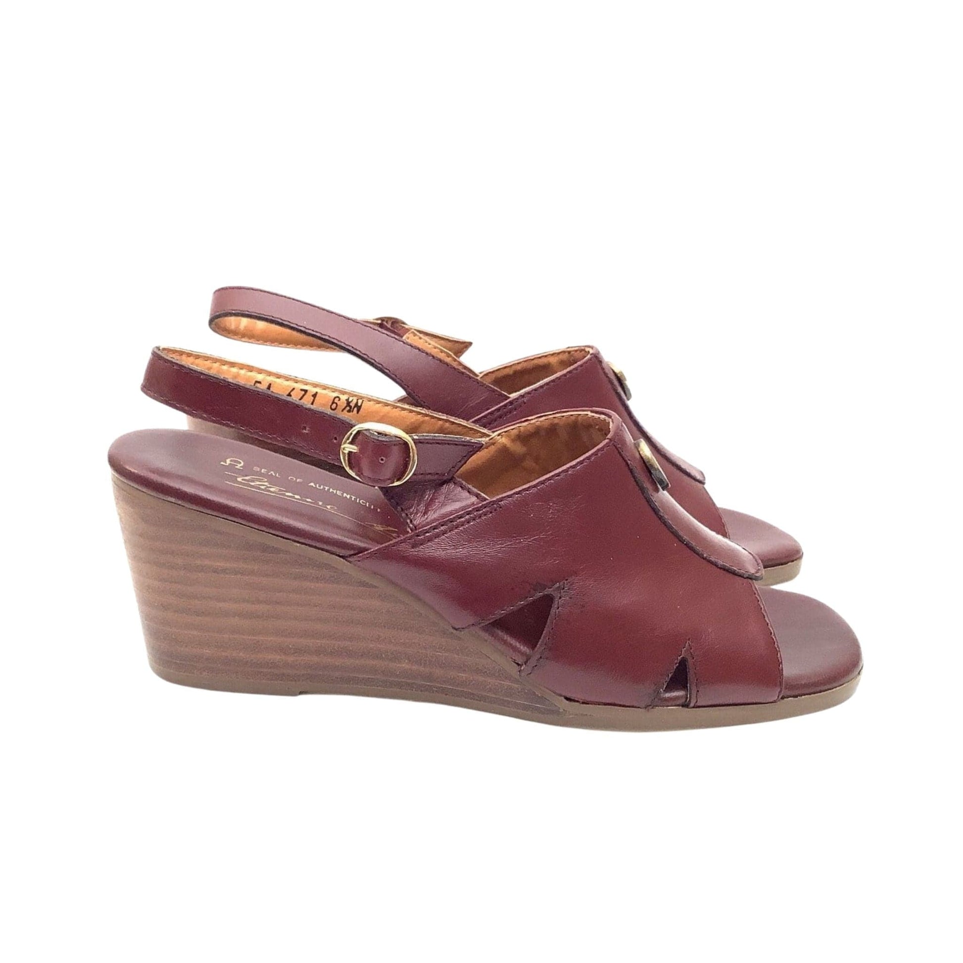 Etienne Aigner Wedge Sandals 6.5 / Burgundy / Vintage 1970s