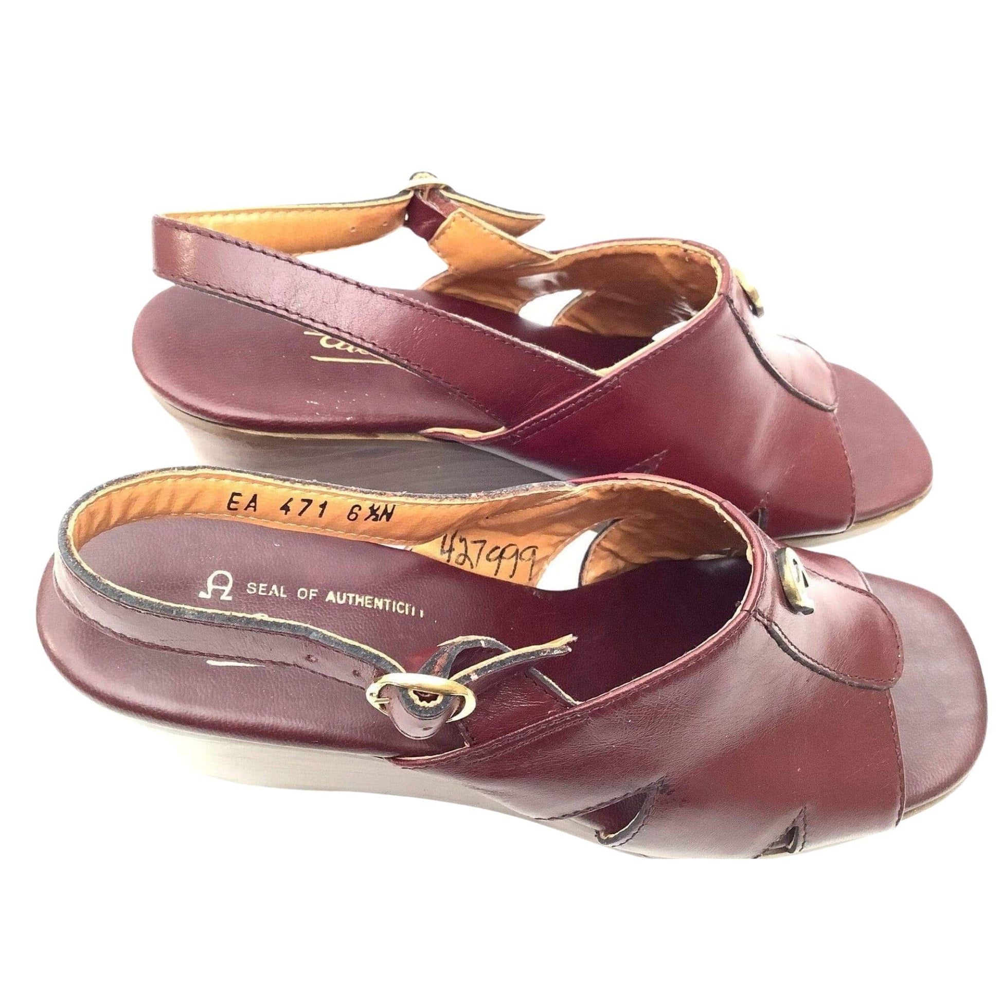 Etienne Aigner Wedge Sandals 6.5 / Burgundy / Vintage 1970s