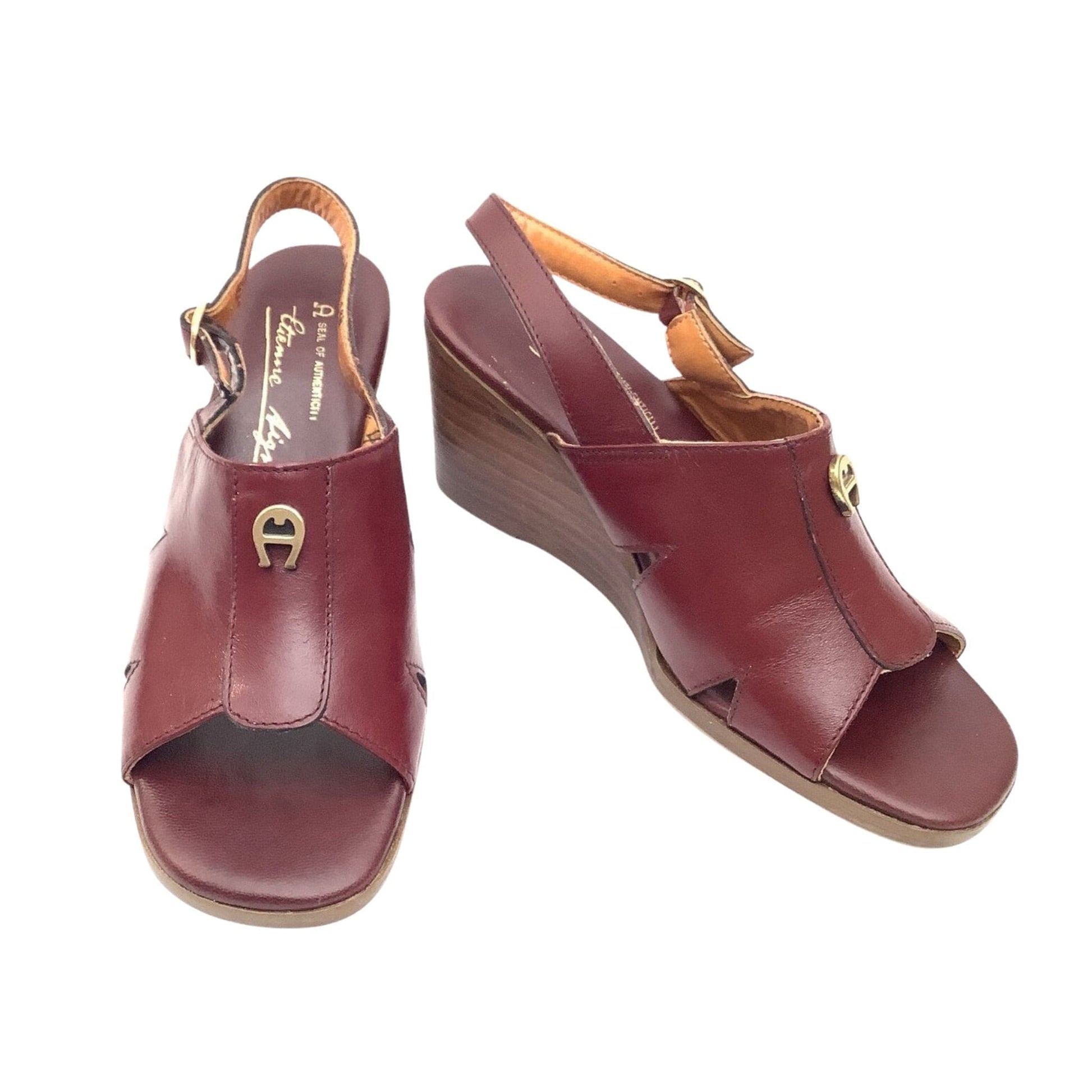 Etienne Aigner Wedge Sandals 6.5 / Burgundy / Vintage 1970s