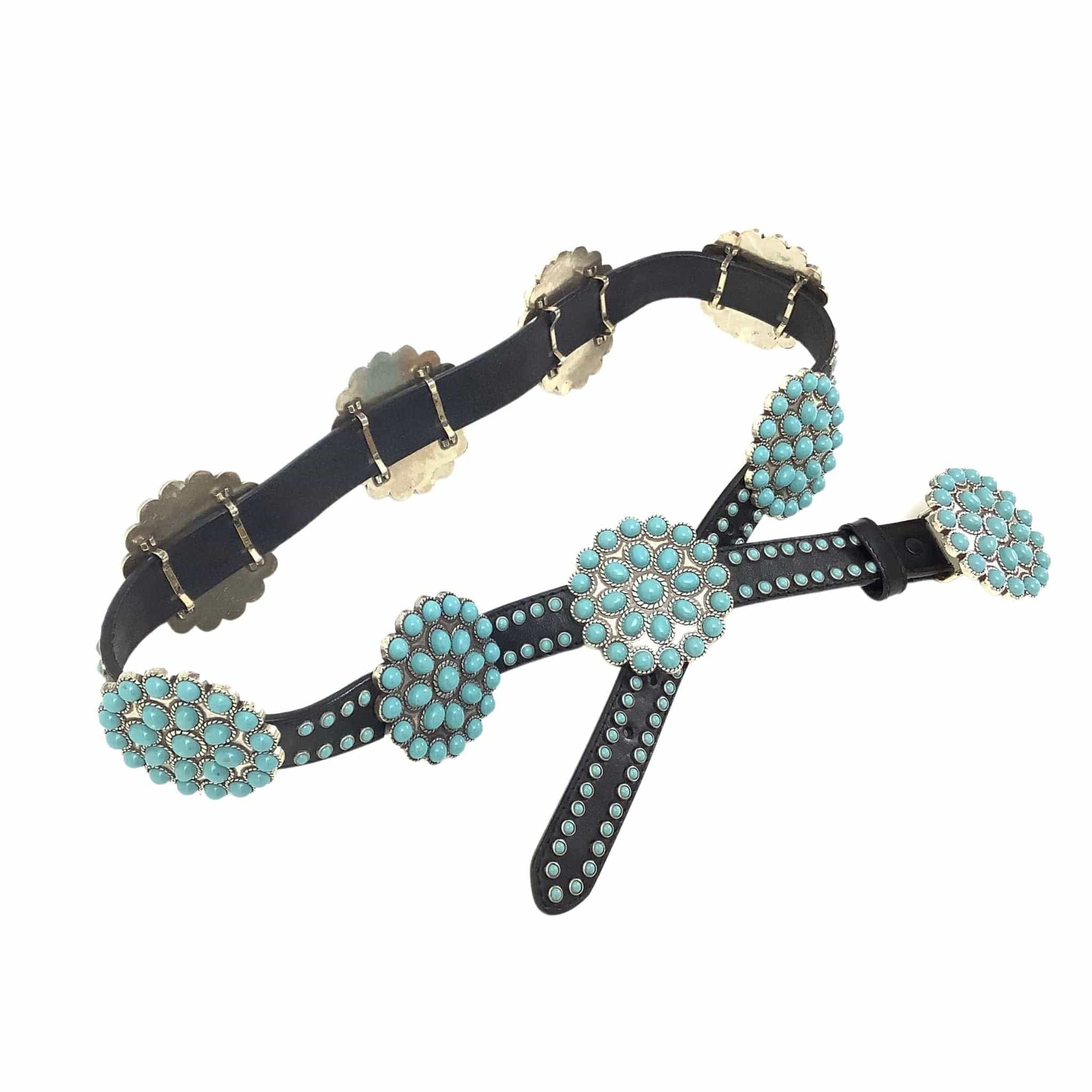 Faux Turquoise Concho Belt Medium / Black / Vintage 1990s