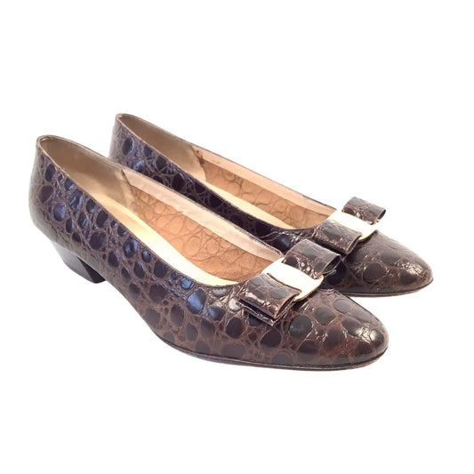 Ferragamo Moc Croc Heels 9 / Brown / Vintage 1990s