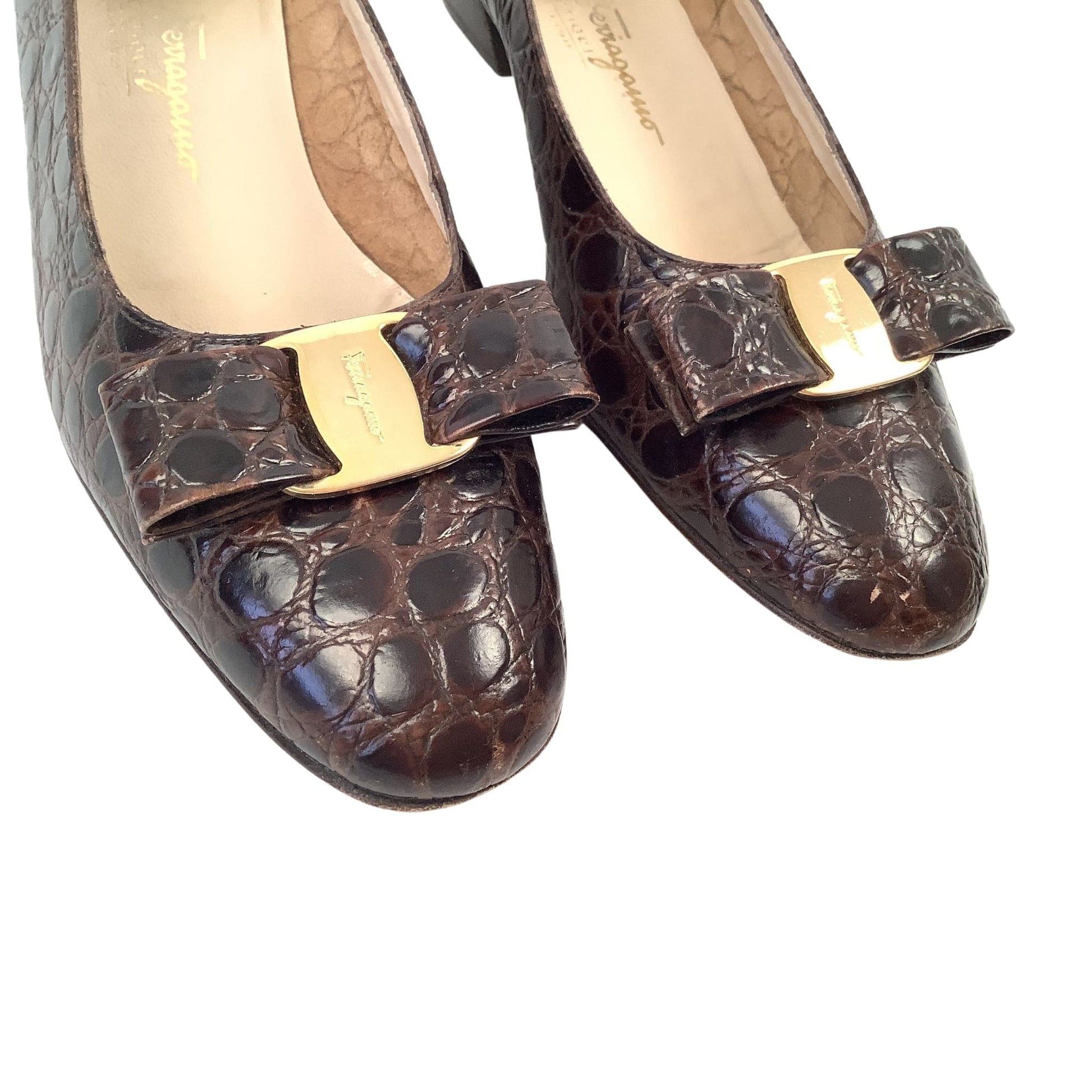 Ferragamo Moc Croc Heels 9 / Brown / Vintage 1990s