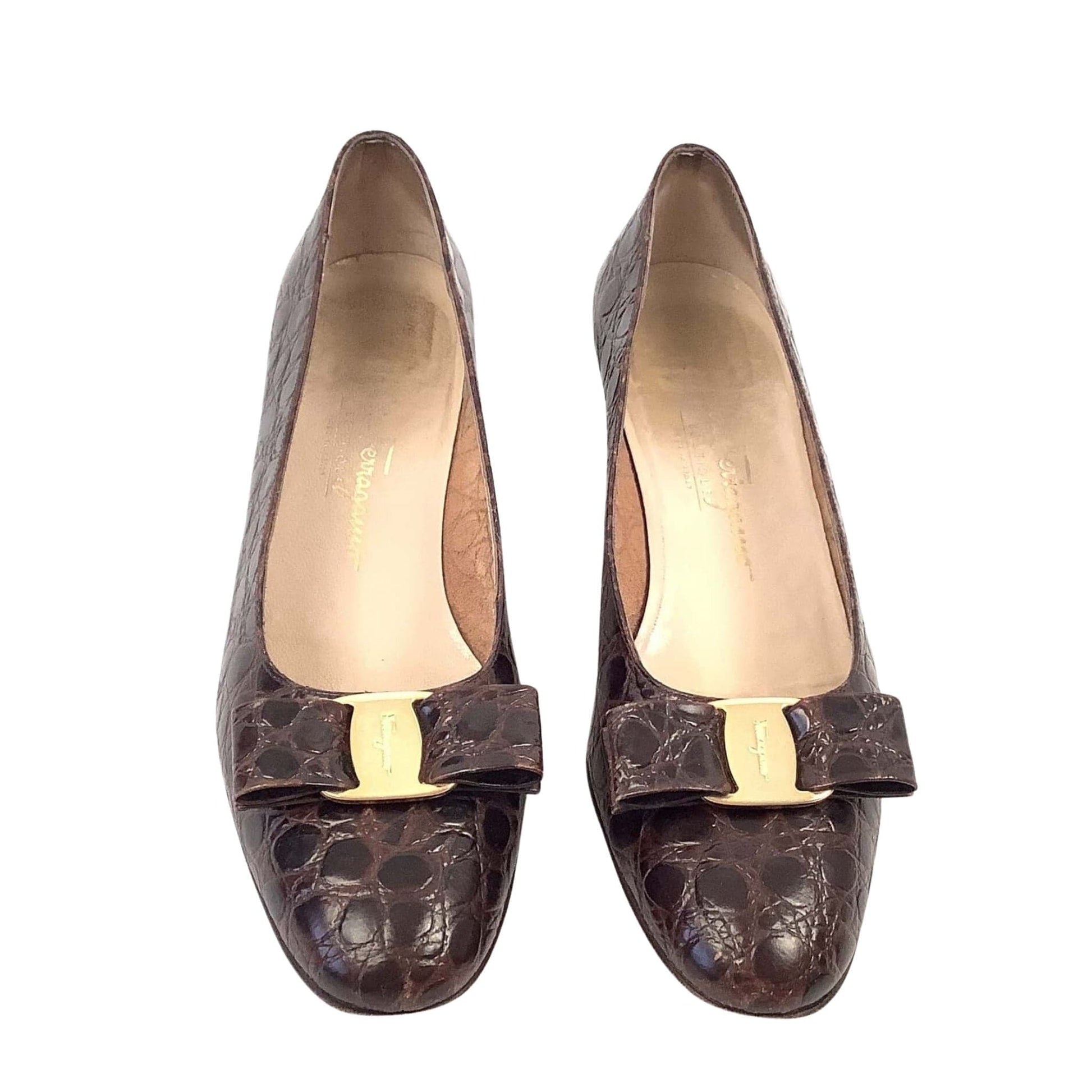 Ferragamo Moc Croc Heels 9 / Brown / Vintage 1990s