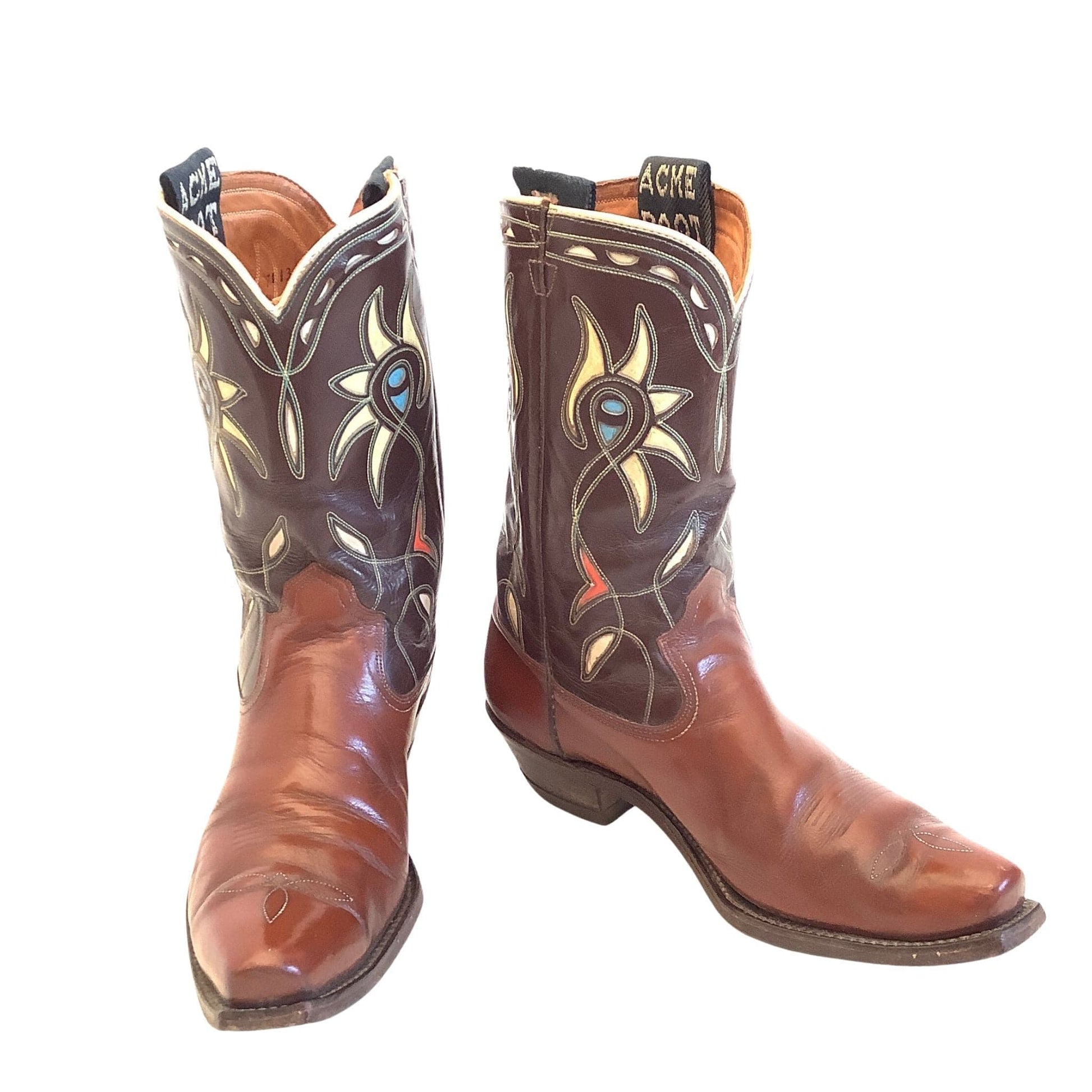 Inlaid Leather Cowboy Boots 9.5 / Multi / Vintage 1950s