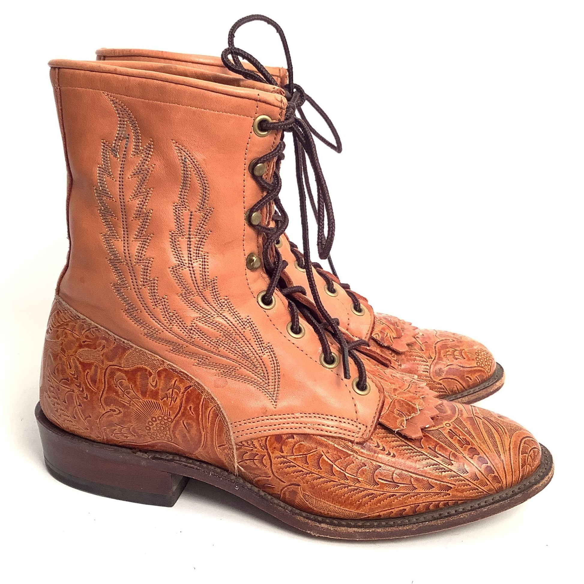 Larry Mahan Tooled Boots 8.5 / Tan / Vintage 1990s