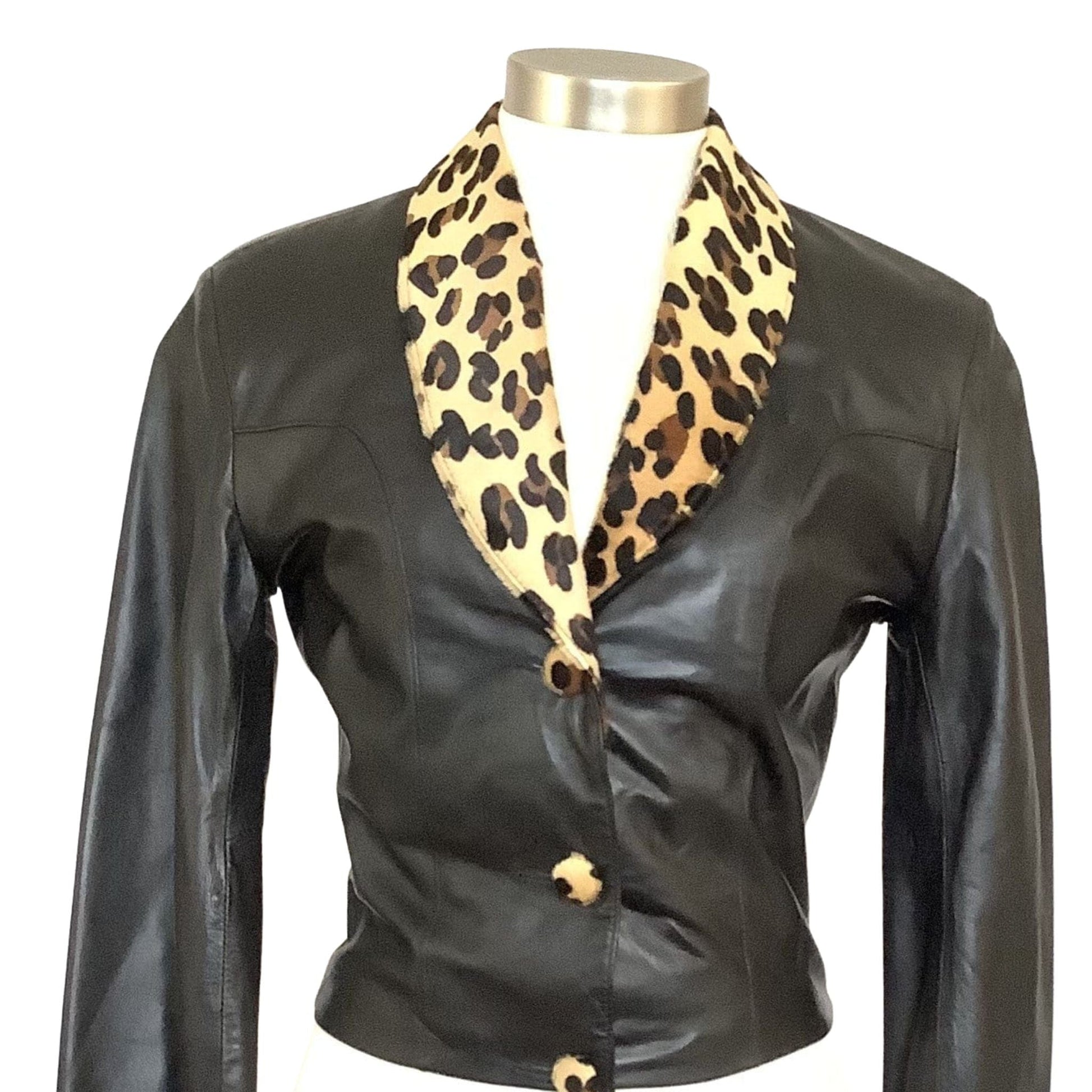 Leopard Trim Leather Jacket Extra Small / Black / Y2K - Now