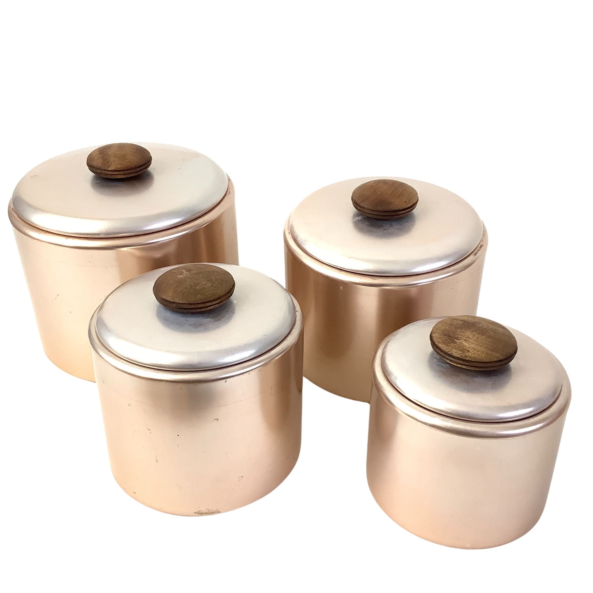 Vintage mirro on sale aluminum canister set / copper colored aluminum canisters with wood knobs