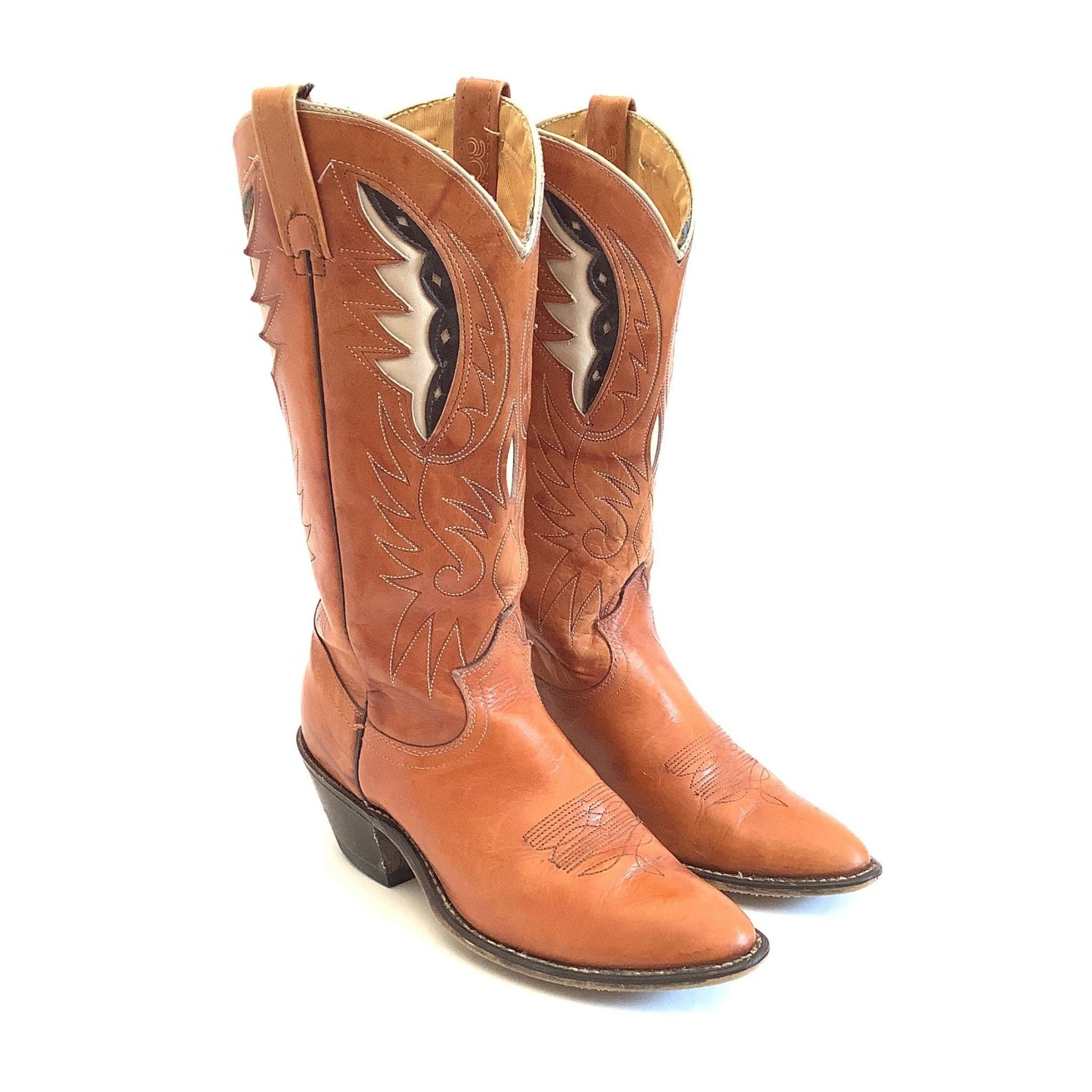 Retro Butterfly Cowboy Boots 7 / Tan / Vintage 1970s