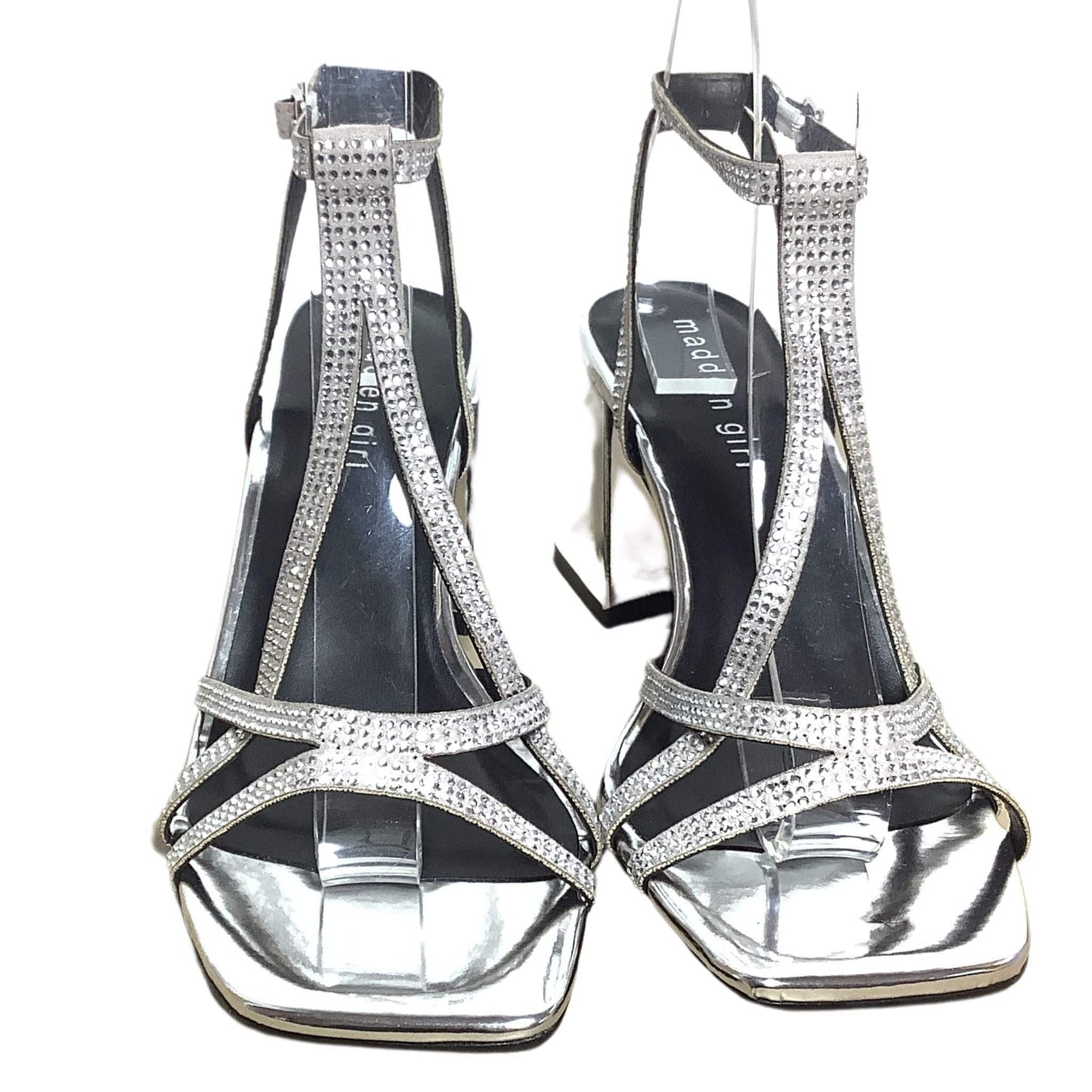 Square Toe Rhinestone Heels 8 / Silver / Strappy