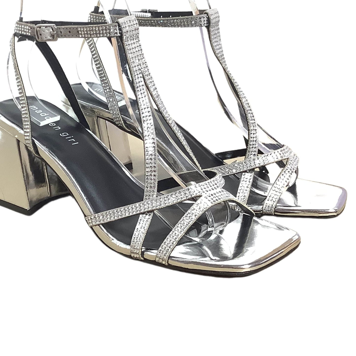 Square Toe Rhinestone Heels 8 / Silver / Strappy