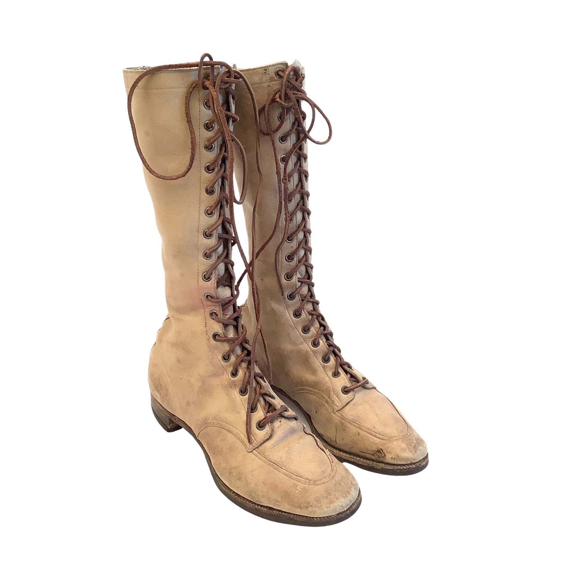 Victorian Laced Flat Boots 8 / Tan / Vintage 1920s