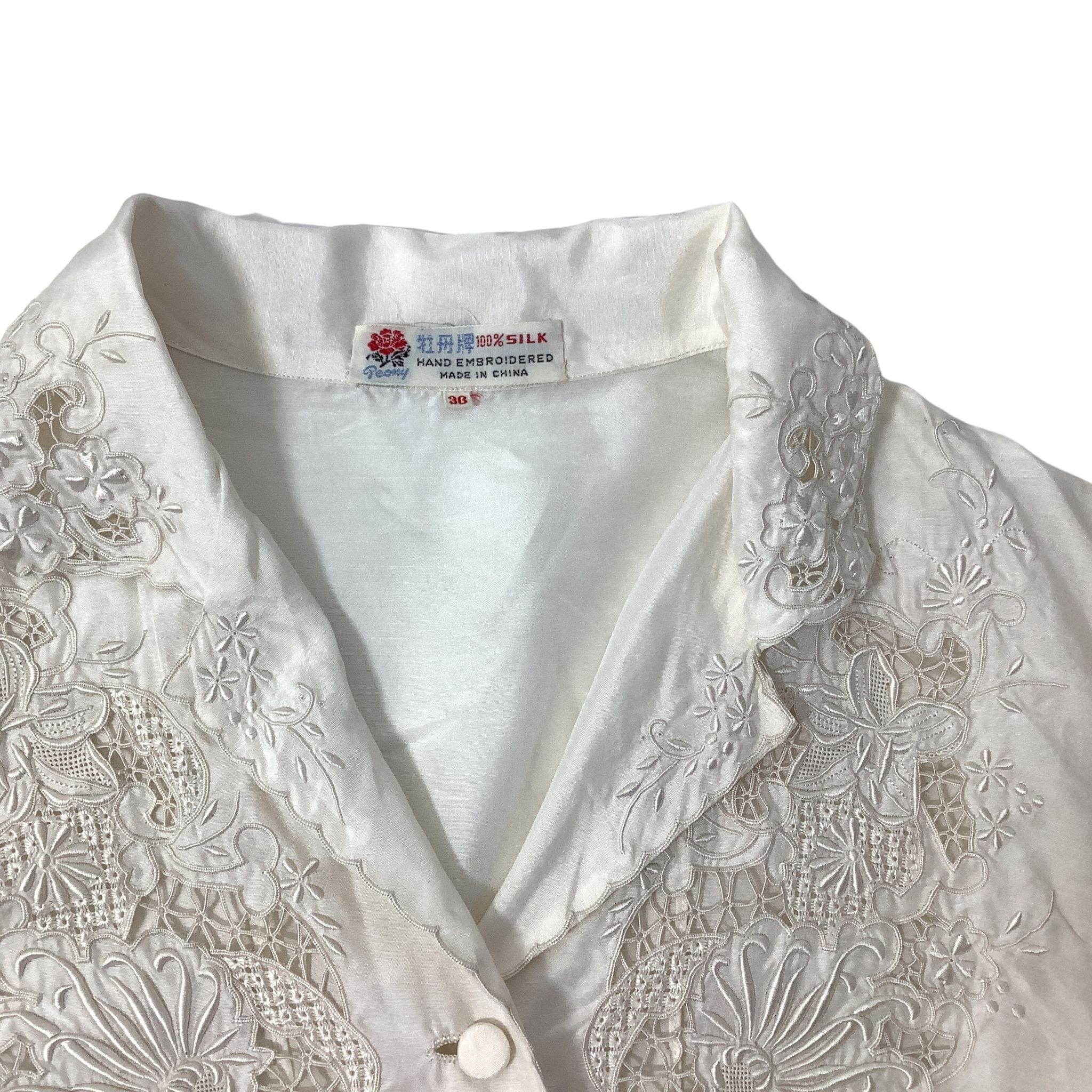 Vintage 50s Peony Pure Silk Light BluBlouse Button Down top Silk Embroidered Size M