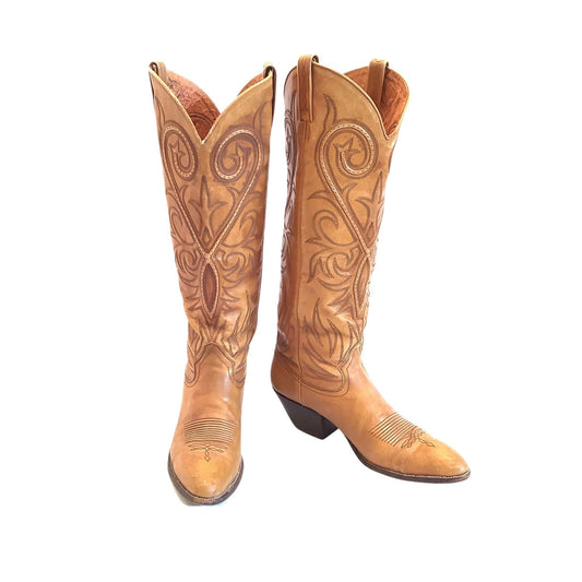 Vintage Tall Cowboy Boots 7.5 / Tan / Vintage 1980s