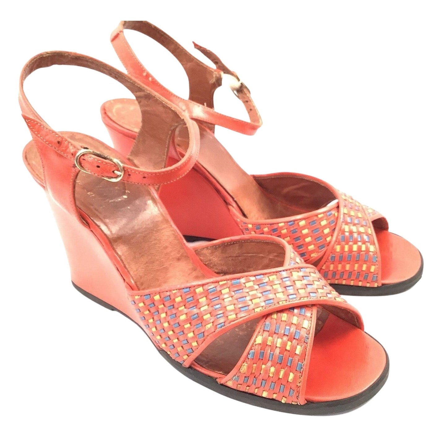Woven Leather Wedge Sandals 7.5 / Multi / Vintage 1980s